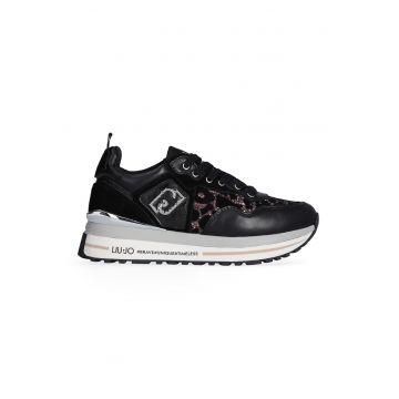 Pantofi sport de piele cu model si particule stralucitoare - Negru/Roz