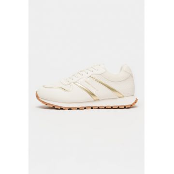 Pantofi sport de piele ecologica cu garnituri de plasa si logo - Alb/Auriu