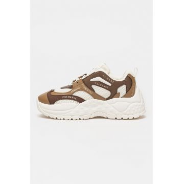 Pantofi sport de piele ecologica si material textil - Alb/Maro inchis
