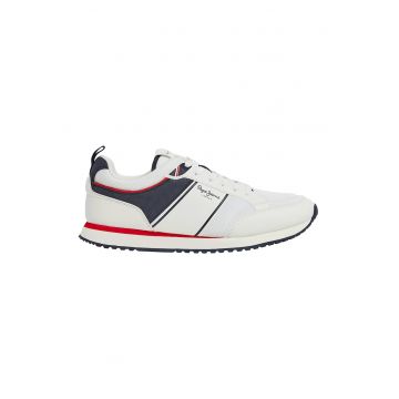 Pantofi sport de piele ecologica si material textil - Alb optic/Bleumarin