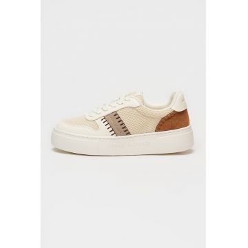 Pantofi sport din material textil cu garnituri de piele intoarsa ecologica - Maro inchis/Bej