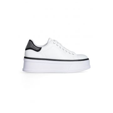 Pantofi sport din piele cu platforma si strasuri - Alb/Negru