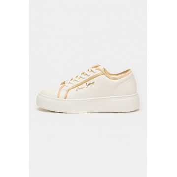 Pantofi sport flatform de piele ecologica - Auriu/Alb murdar