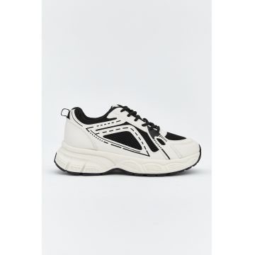 Pantofi sport cu aspect masiv si segmnete din piele ecologica - Alb/Negru