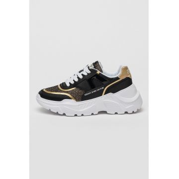 Pantofi sport cu talpa wedge si garnituri din piele - Auriu/Negru