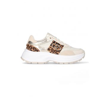 Pantofi sport din piele si material textil cu model animal print - Maro/Bej