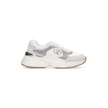 Pantofi sport cu talpa demi-wedge si garnituri din piele intoarsa - Alb/Argintiu
