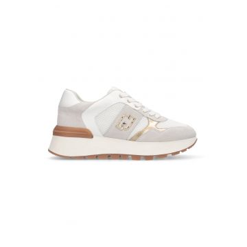 Pantofi sport cu talpa wedge si aplicatie logo - Alb/Auriu