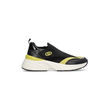 Pantofi sport demiwedge de piele si material textil - Negru/Galben pal/Alb murdar
