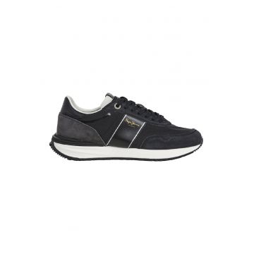 Pantofi sport din material textil cu talpa plata si insertii din piele intoarsa - Negru/Albastru ultramarin
