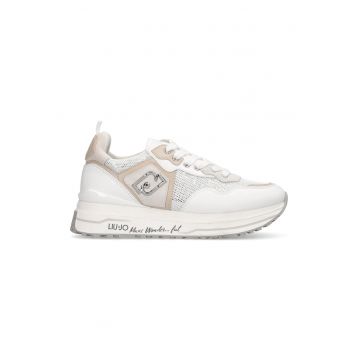 Pantofi sport din plasa cu garnituri din piele si logo lateral - Alb murdar/Bej deschis
