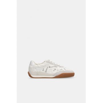 Pantofi sport low-cut cu denim si garnituri din piele - Alb
