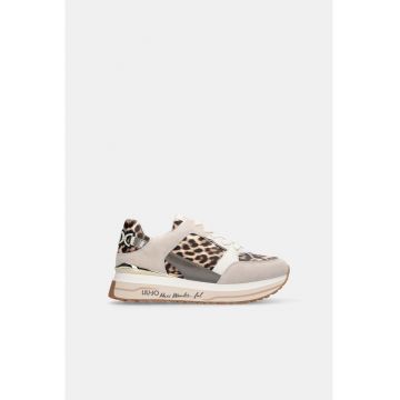 Pantofi sport wedge cu animal print - Alb/Negru/Maro taupe