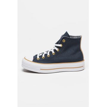 Tenisi cu plarforma si model cu dungi si herringbone Chuck Taylor All Star Lift - Auriu/Albastru ultramarin