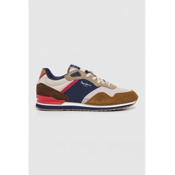 Pantofi sport cu insertii de piele intoarsa - Alb fildes/Bleumarin/Galben mustar