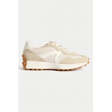 Pantofi sport cu insertii din piele intoarsa - Alb/Bej deschis