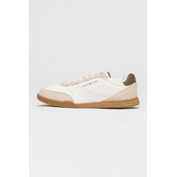 Pantofi sport low-cut cu garnituri din piele intoarsa - Alb/Bej inchis