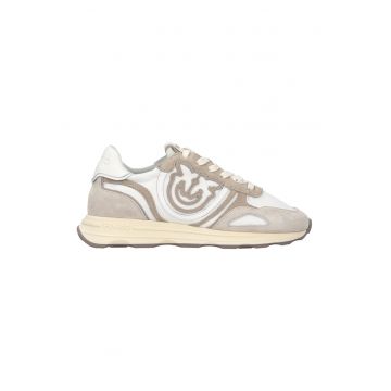 Pantofi sport de piele si piele intoarsa - Alb/Maro taupe deschis