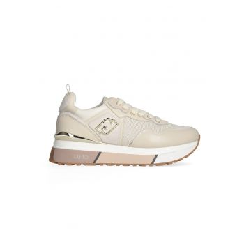 Pantofi sport de piele si plasa cu logo metalic - Auriu/Bej