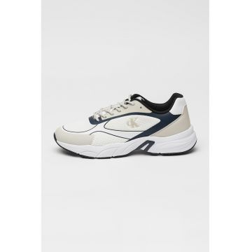 Pantofi sport low-cut cu garnituri de piele ecologica - Alb/Albastru ultramarin/Grej