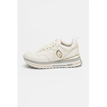 Pantofi sport wedge de piele cu logo - Auriu/Alb murdar