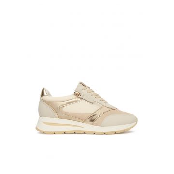 Pantofi sport dama  bej/auriu - piele intoarsa si textil - cu platforma si fermoar