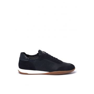Pantofi sport de piele si piele intoarsa cu perforatii - Albastru