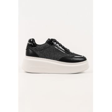 Pantofi sport wedge cu garnituri din piele si aspect stralucitor - Negru