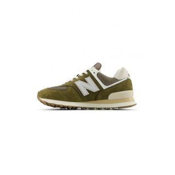Pantofi sport 574 cu garnituri din piele intoarsa - Alb fildes/Verde masliniu