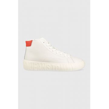 Tommy Jeans tenisi de piele TJM OUTSOLE MID CUT barbati, culoarea alb, EM0EM01218