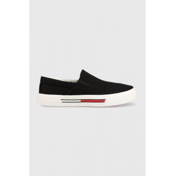 Tommy Jeans tenisi SLIP-ON SIGNATURE DETAILING femei, culoarea negru, EN0EN02088