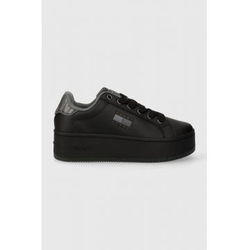 Tommy Jeans sneakers din piele TJW FLATFORM ANIMAL PRINT culoarea negru, EN0EN02537