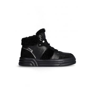 Pantofi sport mid-high de piele si piele intoarsa cu garnituri de blana sheraling sintetica