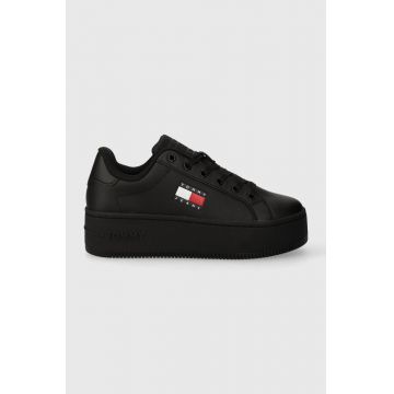 Tommy Jeans sneakers din piele TJW FLATFORM ESS culoarea negru, EN0EN02426