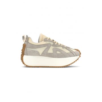 Pantofi sport de piele cu garnituri de plasa - Gri deschis/Crem
