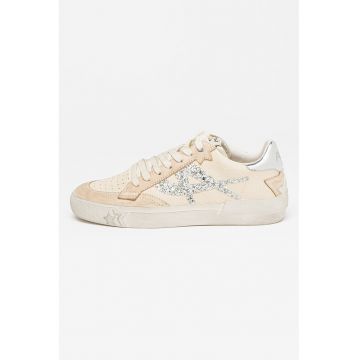 Pantofi sport de piele cu detaliu stralucitor - Bej inchis/Argintiu