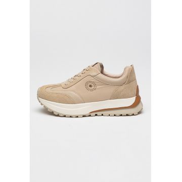Pantofi sport cu talpa wedge si garnituri din piele intoarsa si material textil